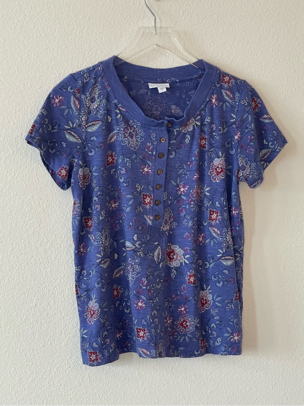 J. Jill Purple & Blue Floral Button Henley Short Sleeve Knit Top